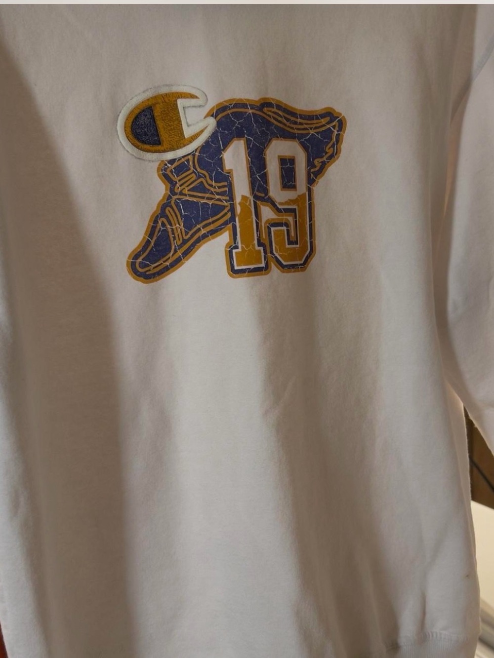 Champion White Sweatshirt with Blue & Yellow Graphic